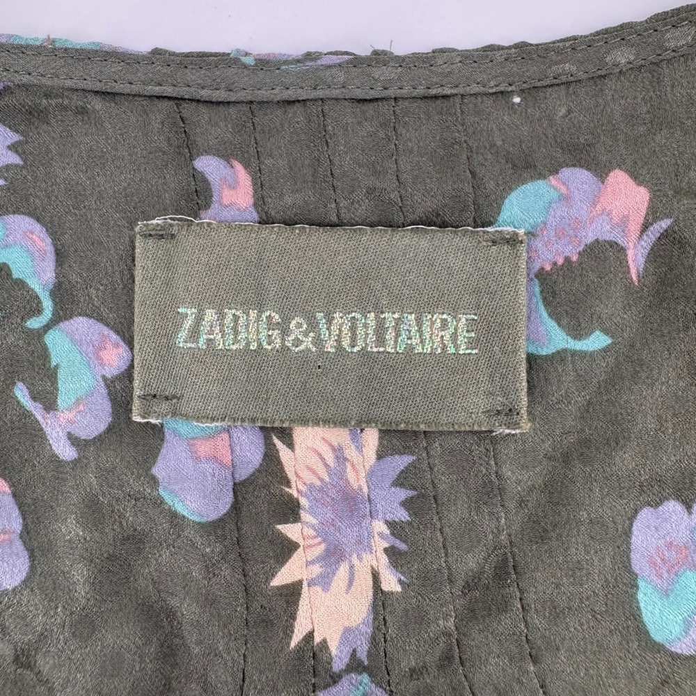 Zadig & Voltaire Tina Print Blouse Women Med Green‎ Silk Floral V-Neck ZCS3201F - Picture 4 of 8